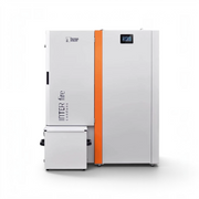 GEMA Shop HKS Lazar InterFire 11 Standard Pelletkessel mit 12 kW Leistung in weißem Design mit orangefarbenem Akzent