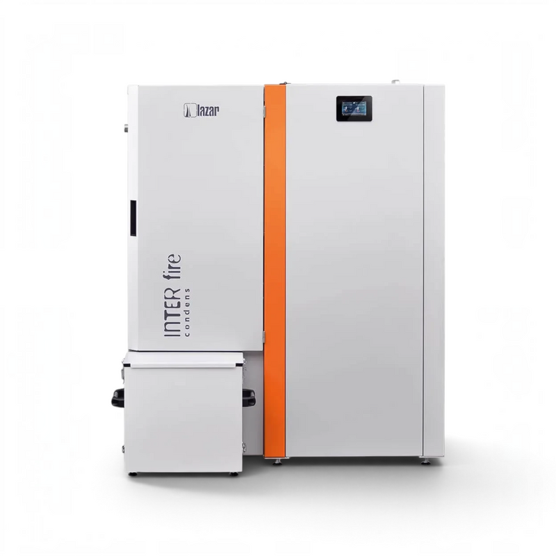GEMA Shop HKS Lazar InterFire 11 Standard Pelletkessel mit 12 kW Leistung in weißem Design mit orangefarbenem Akzent