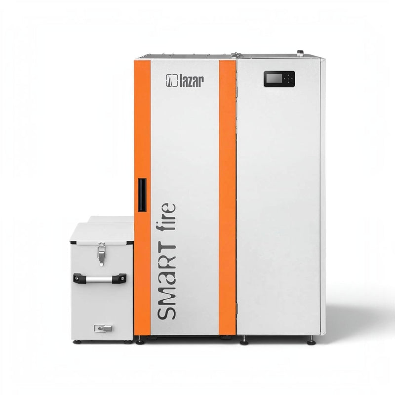 GEMA Shop HKS Lazar SmartFire Compact 11 Pelletkessel in Weiß und Orange mit integriertem Pelletbehälter