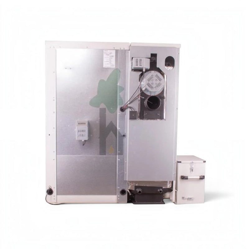 GEMA Shop HKS Lazar SmartFire SF11 Automatic Pelletkessel mit seitlicher Ascheaustragung und technischer Rückansicht