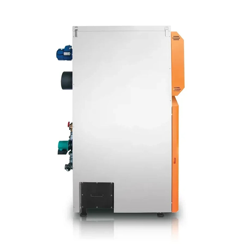 GEMA Shop HKS Lazar SmartFire 81 Standard Pelletkessel in Seitenansicht mit orangefarbenem Gehäuse