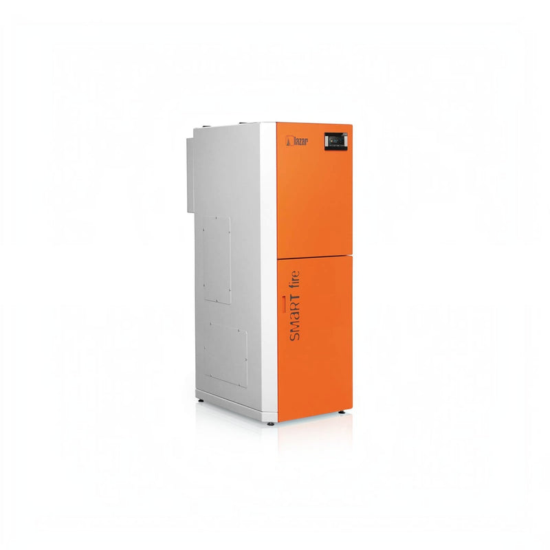 GEMA Shop HKS Lazar SmartFire 11/130 Pelletkessel in Orange und Grau mit integriertem 130-Liter-Behälter