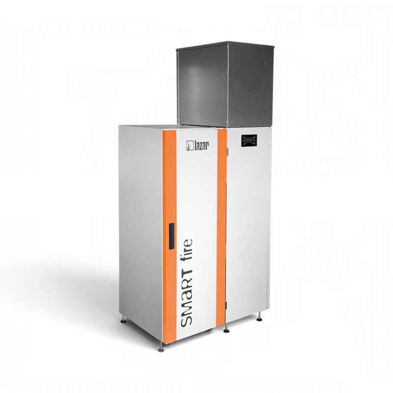 GEMA Shop HKS Lazar SmartFire Compact 15 Automatic Pelletkessel in Grau und Orange mit integriertem Pelletbehälter