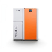 GEMA Shop HKS Lazar SmartFire SF11 Pelletkessel mit 11 kW, weiß-orangem Gehäuse und Touch-Bedienfeld