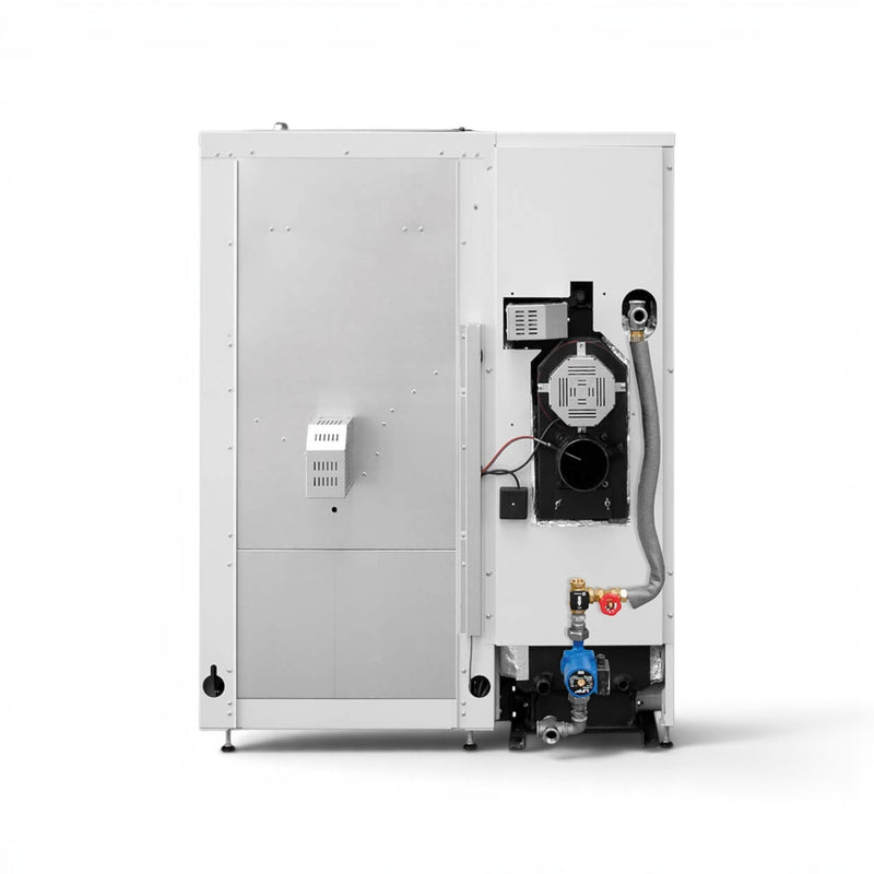 GEMA Shop HKS Lazar SmartFire SF41 Pelletkessel in weiss mit Anschlüssen und technischer Verkleidung