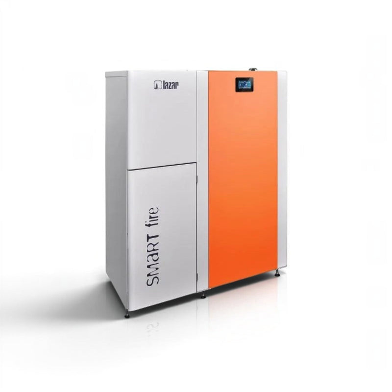 GEMA Shop HKS Lazar SmartFire SF11 Pelletkessel in Weiß und Orange mit Touch-Bedienfeld für effiziente Heizsysteme