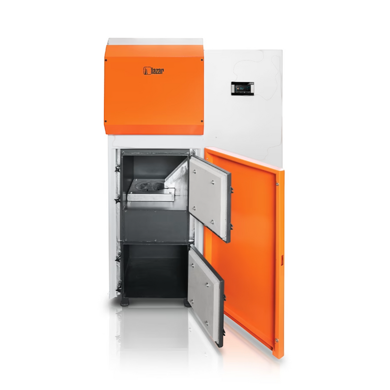 GEMA Shop HKS Lazar SmartFire 81 Caldeira Automática de Pellets com Câmara de Combustão Aberta e Gabinete Laranja e Branco