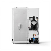 GEMA Shop HKS Lazar SmartFire SF11 Pelletkessel in weiss mit Anschlüssen und technischer Rückansicht