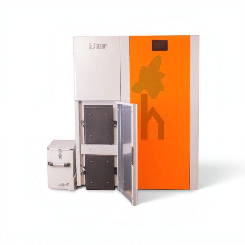 GEMA Shop HKS Lazar SmartFire SF11 Automatic Pelletkessel mit orangefarbenem Vorratsbehälter und Ascheaustragung