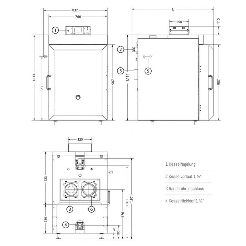 Technische Zeichnung des GEMA Shop Holzvergaserkessels IBC GK-7K öko 25 mit Maßangaben für Installation und Anschlüsse