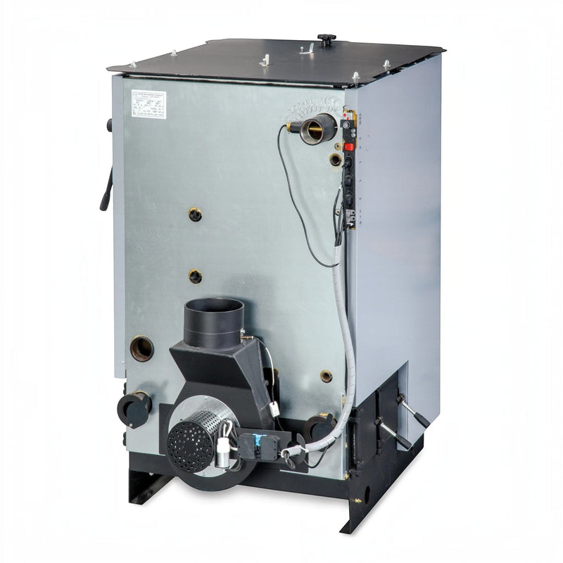 GEMA Shop Holzvergaserkessel ROJEK PK BIO 40 mit 40 kW, Rückansicht inklusive Rauchgasventilator und Anschlüssen.