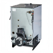 GEMA Shop Holzvergaserkessel ROJEK PK BIO 49 mit 49 kW Leistung, Rückansicht mit Rauchgasventilator und Anschlüssen