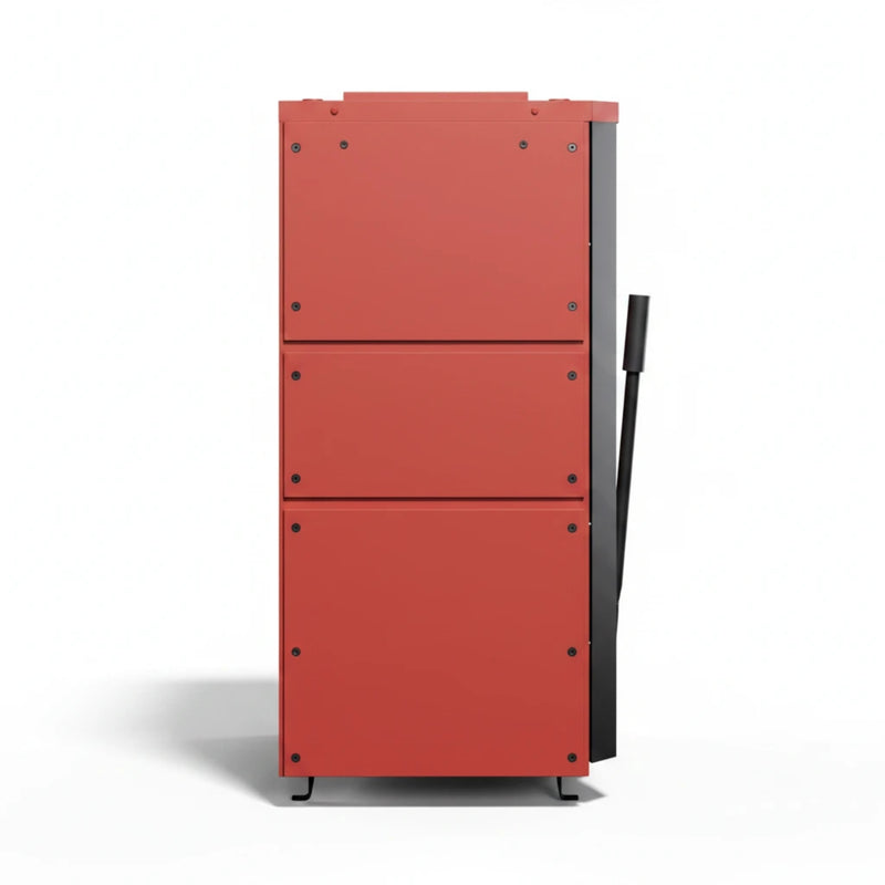GEMA Shop MPM Wood Plus 10 kW Holzvergaserkessel in Rot mit robuster Stahlkonstruktion und seitlichem Bedienhebel
