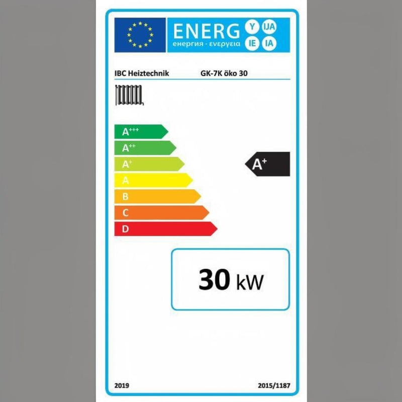 GEMA Shop Energieeffizienzlabel A+ für den IBC GK-7K öko 30 Holzvergaserkessel mit 30 kW Leistung
