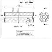 Technische Zeichnung des GEMA Shop MDC PLUS 400 Heizmodul-Grundkörpers mit Maßangaben und Anschlussdetails.