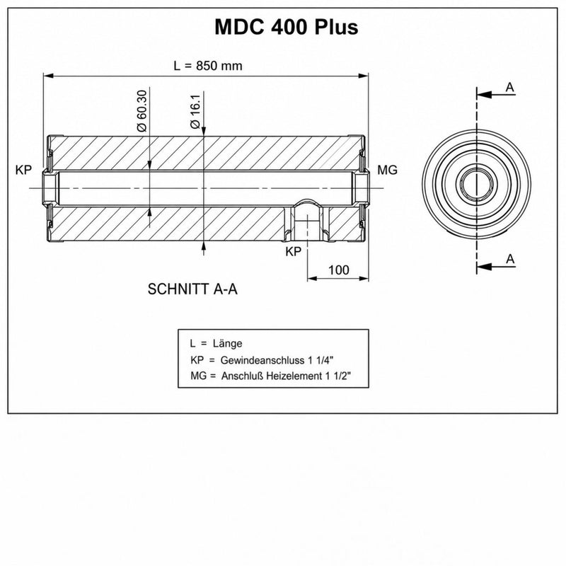 Technische Zeichnung des GEMA Shop MDC PLUS 400 Heizmodul-Grundkörpers mit Maßangaben und Anschlussdetails.