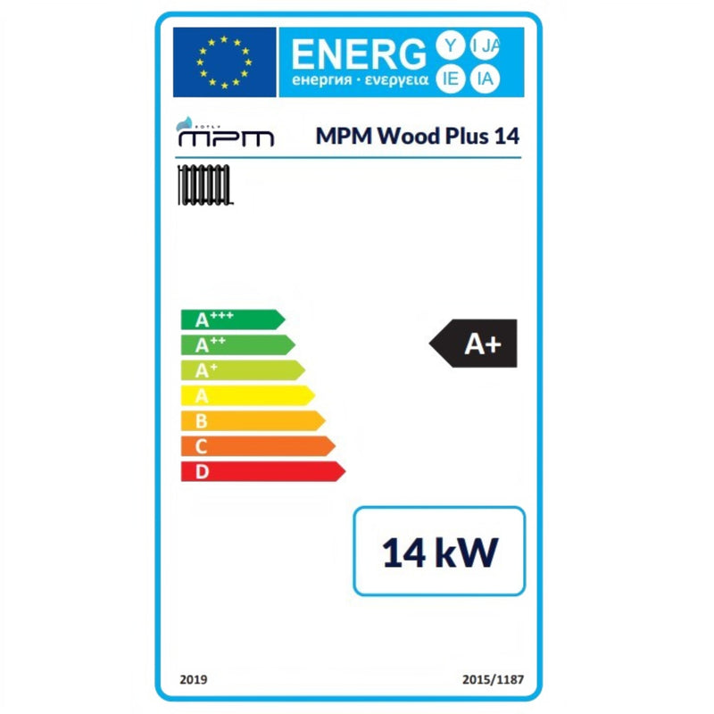 GEMA Shop Energieeffizienzlabel A+ für den MPM Wood Plus 14 Holzvergaserkessel mit 14 kW Leistung