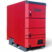 GEMA Shop MPM Wood Plus 10 kW Holzvergaserkessel in Rot mit robuster Stahlkonstruktion und mehreren Wartungstüren