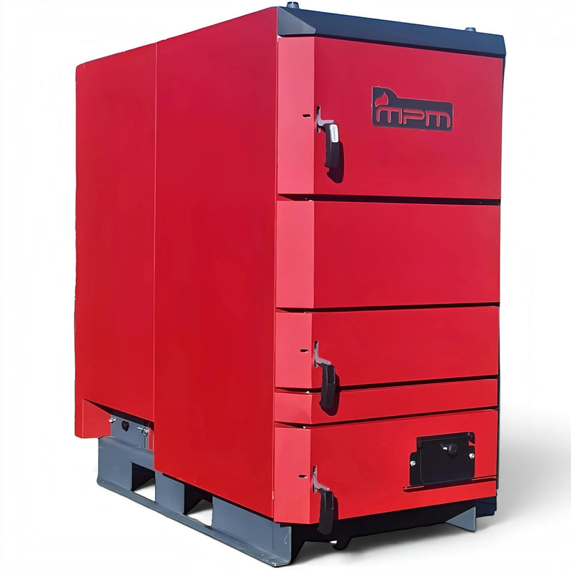 GEMA Shop MPM Wood Plus 10 kW Holzvergaserkessel in Rot mit robuster Stahlkonstruktion und mehreren Wartungstüren