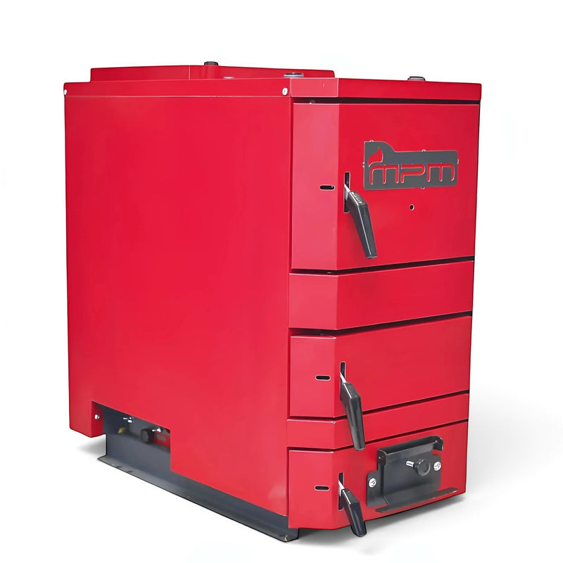 GEMA Shop MPM Wood Plus 10 kW Holzvergaserkessel in Rot mit drei Fronttüren für effiziente Scheitholzverbrennung