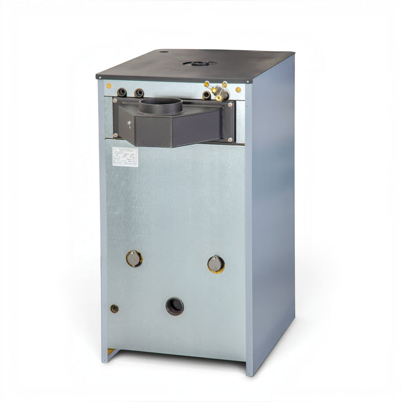 GEMA Shop Festbrennstoffkessel ROJEK KTP 40 mit 40 kW Leistung, Rückansicht mit Rauchrohranschluss und Anschlüssen