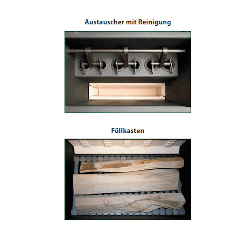 GEMA Shop Holzvergaserkessel ROJEK PK BIO 30 Innenansicht mit Wärmetauscher-Reinigung und großer Füllkammer für Scheitholz