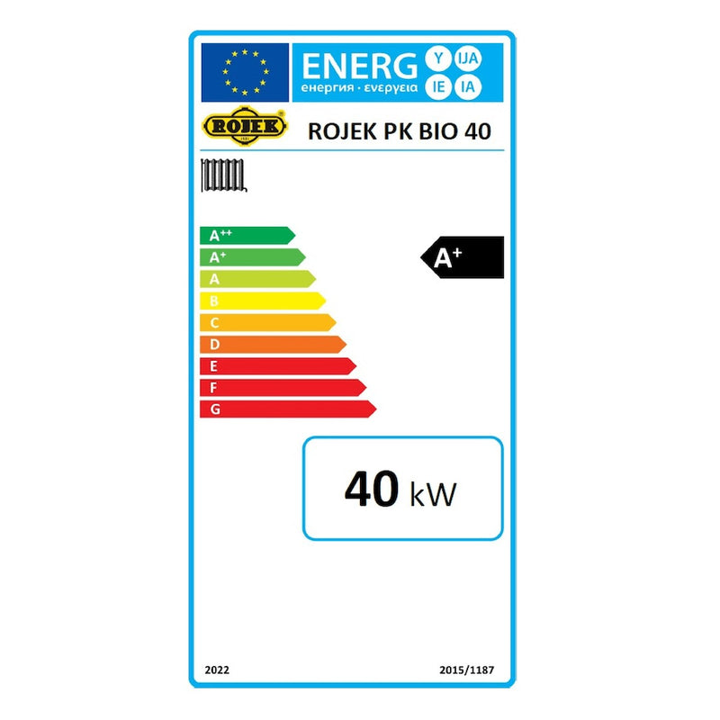 GEMA Shop Energieeffizienzlabel für den ROJEK PK BIO 40 Holzvergaserkessel mit 40 kW Leistung und Klasse A+