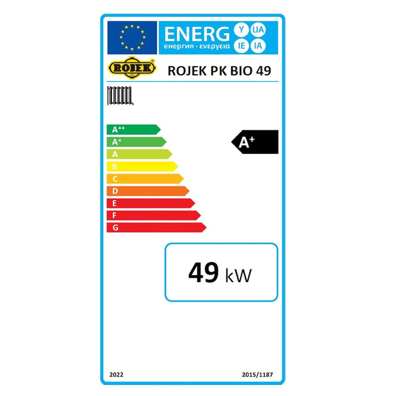 GEMA Shop Energieeffizienzlabel für den ROJEK PK BIO 49 Holzvergaserkessel mit 49 kW Leistung und Klasse A+