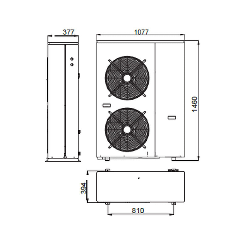 Teknisk ritning av GEMA Shop TITAN-THERM TERMA 18 kW Luft-vatten-värmepump med måttangivelser för installation