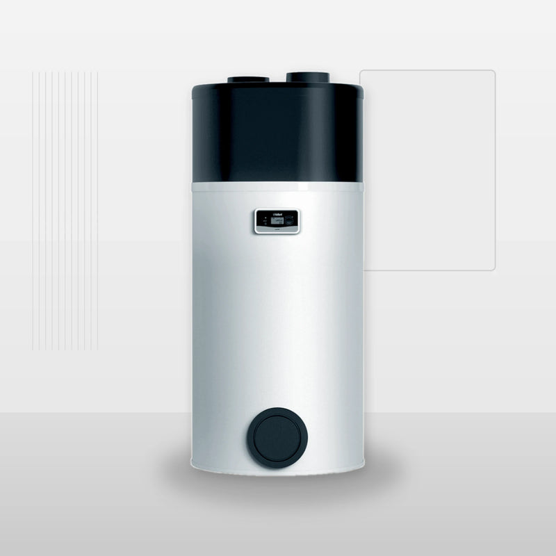 Vaillant aroSTOR VWL BM 200/5 Trinkwasser-Wärmepumpe von GEMA Shop mit 195-Liter-Speicher in weißem Design.