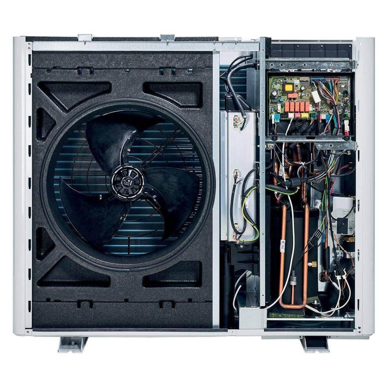 GEMA Shop Vaillant aroTHERM plus Luft-Wasser-Wärmepumpe mit geöffnetem Gehäuse und Blick auf Ventilator und Technik
