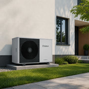 GEMA Shop Vaillant aroTHERM plus Luft/Wasser-Wärmepumpe in modernem Design vor einem Wohnhaus im Garten