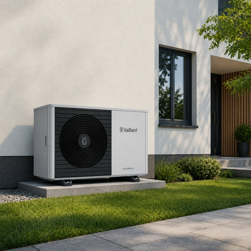 GEMA Shop Vaillant aroTHERM plus Luft/Wasser-Wärmepumpe in modernem Design vor einem Wohnhaus im Garten