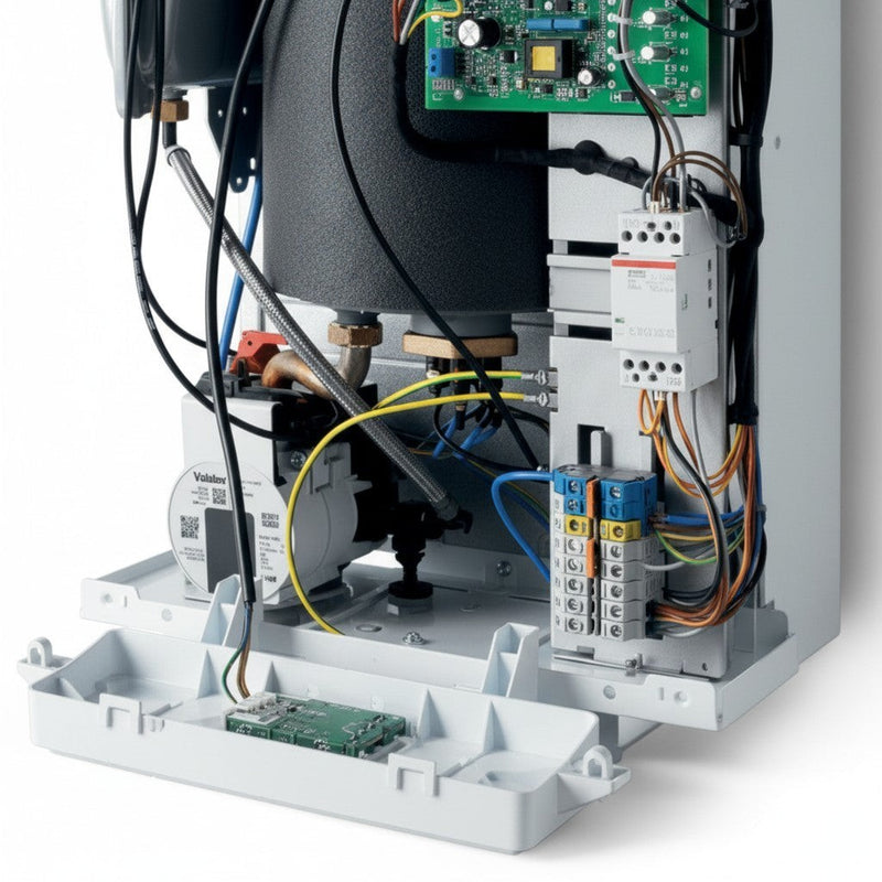 Innenansicht des GEMA Shop Vaillant eloBLOCK VE 9/14 EU I Elektrokessels mit sichtbarer Technik und Verkabelung.