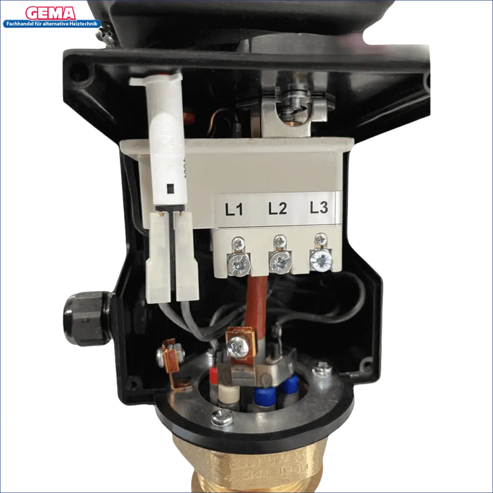 Elektrische Anschlussbox mit beschrifteten Terminals für Heizstab Heizpatrone 9 kW AG 1 ½“