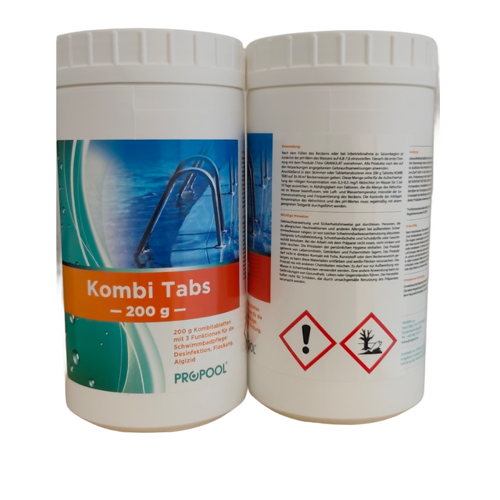 Kombi Tabs 200g für 💧 Wasseraufbereitung in Schwimmbädern. Effiziente Desinfektion, Flockung & Algenkontrolle. 🏊‍♂️