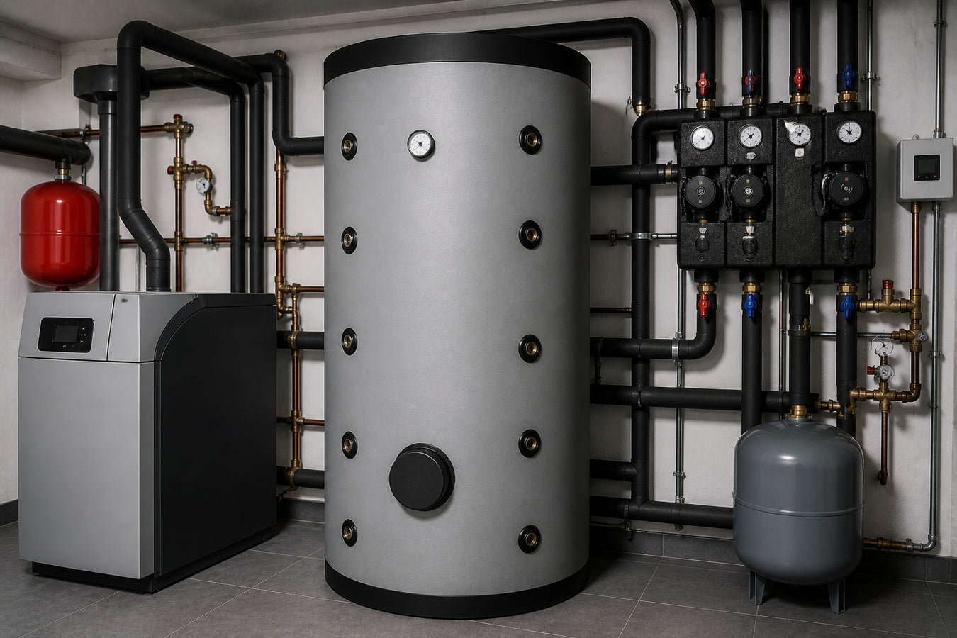 Pufferspeicher im modernen Heizraum mit Rohrinstallation und Heiztechnik