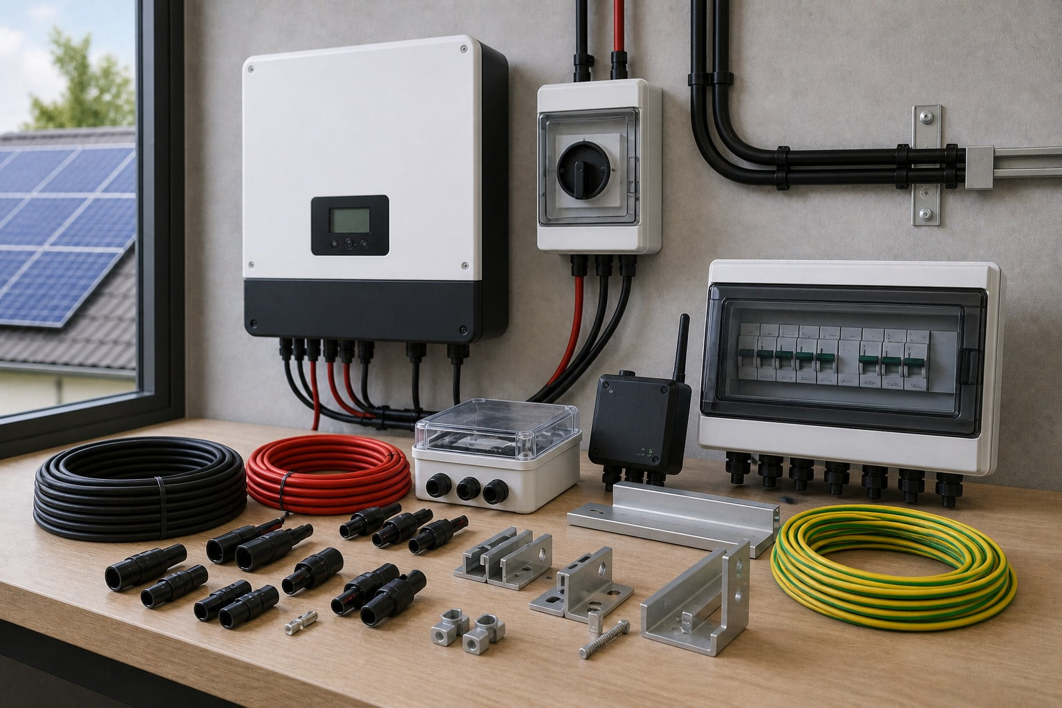 PV Zubehör mit Wechselrichter, Kabeln, Steckern und Montagematerial im modernen Technikraum