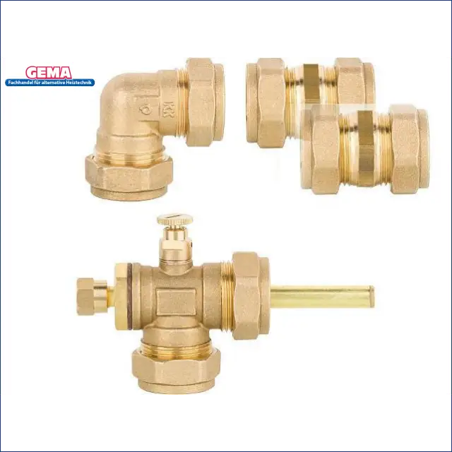 Brass fittings and valves for plumbing, including elbow and control valve, ensuring reliable connections.