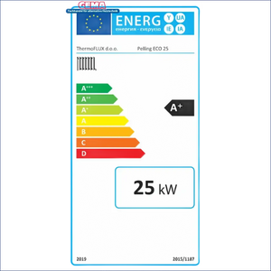 Energieeffizienz-Label am Thermoflux Pelling 25/230 mit Hygienespeicher und Pelletkessel Thermoflux