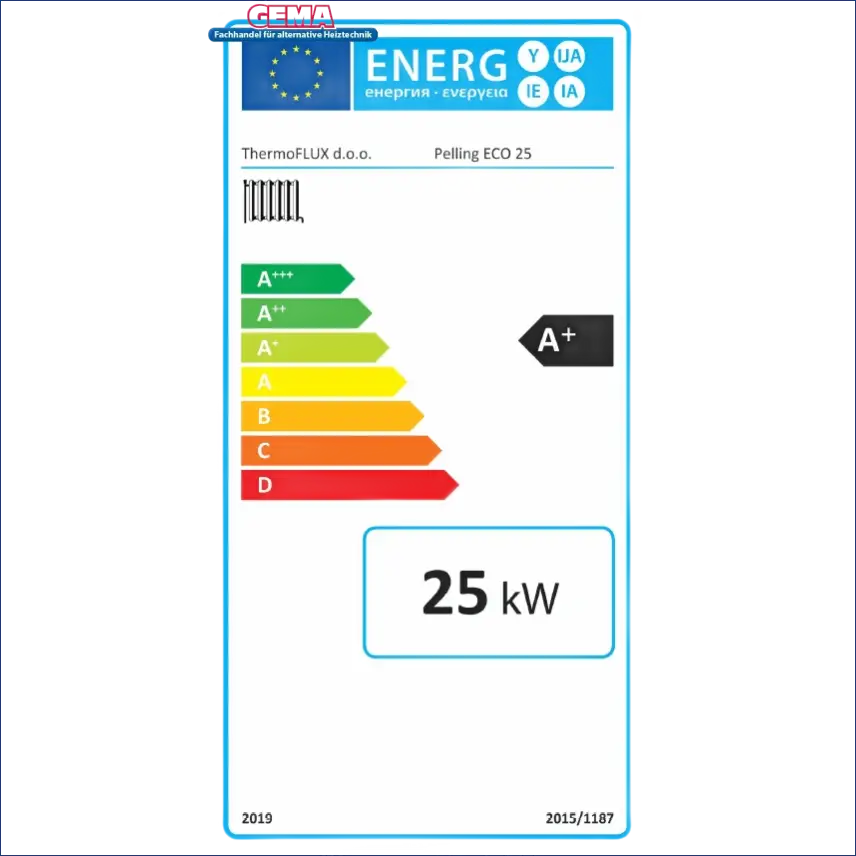 Energieeffizienz-Label am Thermoflux Pelling 25/230 mit Hygienespeicher und Pelletkessel Thermoflux