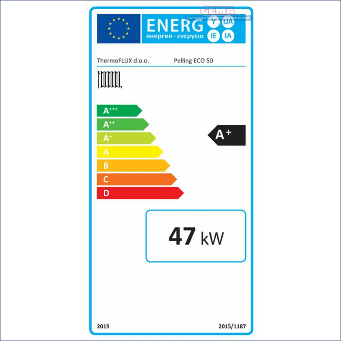 Energieeffizienzlabel auf Thermoflux Pelling 50 ECO Pelletkessel für nachhaltige Heizsysteme