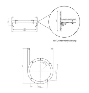 Technische Zeichnung der Sunex Wandhalterung für DROPS Wärmepumpen mit Maßen