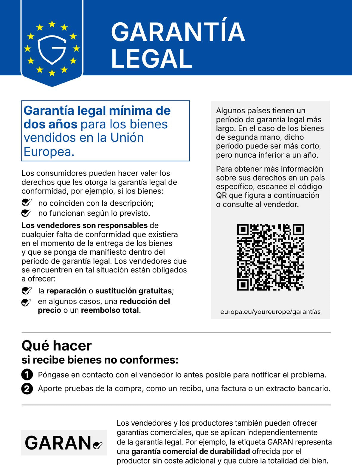 Aviso armonizado de la UE sobre la garantía legal de conformidad